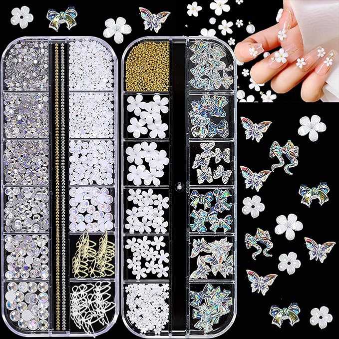 3D Mix-sized Acrylic White Flowers Nail Charms Polar Butterfly Bear Spring Blossom Flower with Starry AB Crystals Rhinestones Pearls Mix Gold for Art DIY Crafting Designs