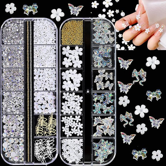3D Mix-sized Acrylic White Flowers Nail Charms Polar Butterfly Bear Spring Blossom Flower with Starry AB Crystals Rhinestones Pearls Mix Gold for Art DIY Crafting Designs