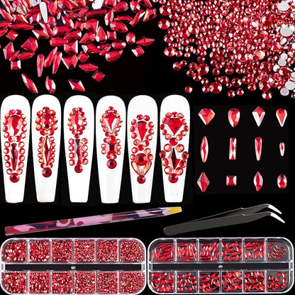 Multi Shapes Red 3D Glass Crystal Nail Art Rhinestones Kit with Flatback Round Bead Charm Gem Stone Jewelry Diamond with Pickup Pen + Tweezer for Manicure Makeup DIY Craft Decoration