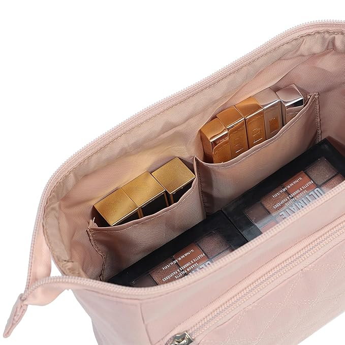 NISHEL Travel Makeup Bag for Women with Front Pockets, Large Wide-open Case, Portable Organizer To Hold Travel-Size Accessory Bottles, Cosmetics, Brushes, Skincare Products, Pink