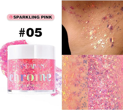 Holographic Body Glitter Gel - Cosmetic-Grade, Color Changing Long-Lasting Glitter for Face, Body, and Hair, Safe and Easy to Use, Perfect for Festivals Parties (Sparkling Pink)