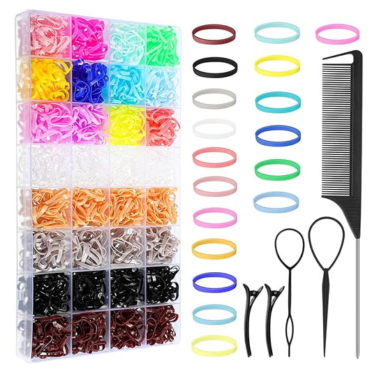 2400 Pcs Rubber Bands for Hair, Small Rubber Bands with Hair Styling Tools Colorful Elastic Hair Ties for Baby Girl Toddler Hair Accessories Stocking Stuffers for Girls Women