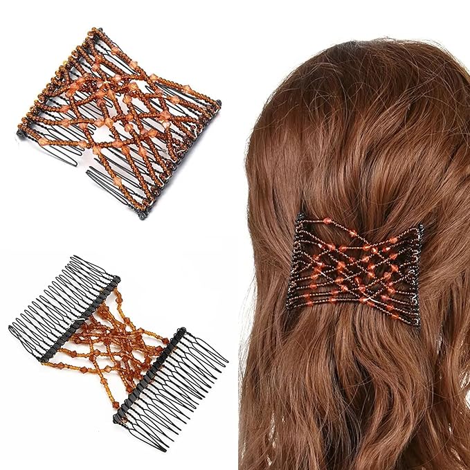 5 Pieces Stretchy Beaded Hair Accessories - Adjustable Elastic Clips, No Crease Pins for Curly Thick Wavy Hair Ponytails, Vintage Bun Makers for Women and Girls
