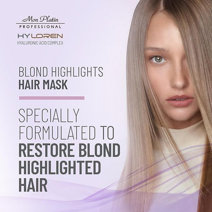 Mon Platin HY Loren Blonde Highlights Mask with Hyaluronic Acid - 500 ml Premium Blonde Hair Mask to Neutralize Yellow and Orangey Tones - Treatment to Repair, Restore, Soften, and Strengthen Hair