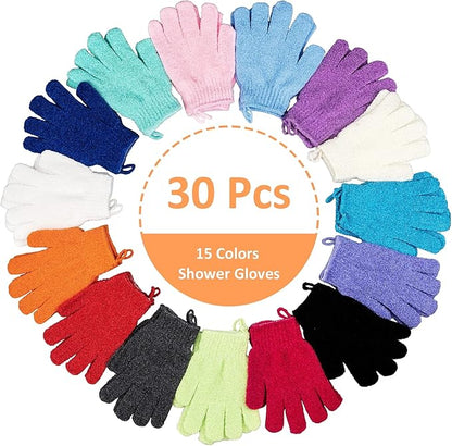 30 Pcs Exfoliating Gloves for Shower, 15 Colors Body Exfoliator Glove with Hanging Loop, Scrub Exfoliate Glove Mitt Bath Face Spa Hand Scrubber Wash Deep Scrubbing Dead Skin for Women Men, by Aisuly