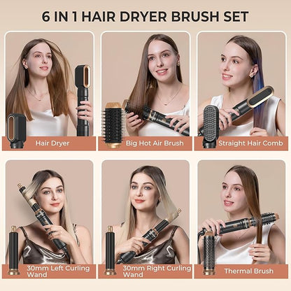 6 in ONE Blow Dryer Brush,Air Curling Iron Round Brush for Blow Out 1000W,Ionic Hair Dryer Brush for Women, Blowout Brush Air Styler Curler