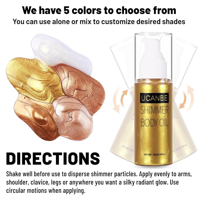 UCANBE Body Shimmer Oil - 100ml Moisturizing Face & Body Glow Glitter Luminizer Liquid Illuminator Highlighter, Waterproof, Tinted Glowing Bronzer (Gold)
