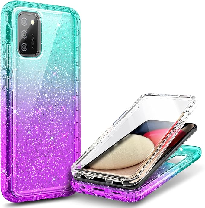 NZND Case for Samsung Galaxy A03S with [Built-in Screen Protector], Full-Body Protective Shockproof Rugged Bumper Cover, Impact Resist Phone Case (Glitter Aqua/Purple)
