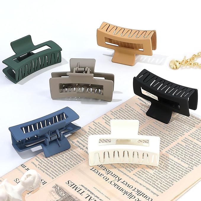 3.5 Inch Medium Hair Claw Clips 6 Pack Hair Clips for Women Square Claw Clips Rectangle Clips for Hair Banana Jaw Clips Hair Accessories for Girls -Neutral