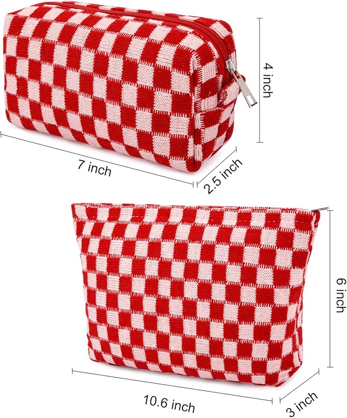 2 Pcs Checkered Makeup Bag Large Cosmetic Bag Toiletry Bag Makeup Pouch Travel Bag Organizer Cute Makeup Brushes Aesthetic Accessories Storage Bag for Women Red