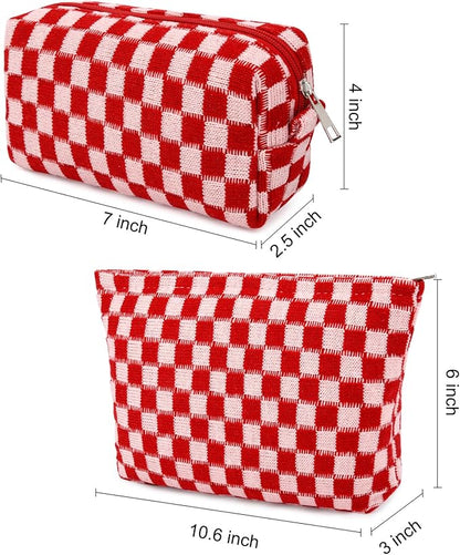 2 Pcs Checkered Makeup Bag Large Cosmetic Bag Toiletry Bag Makeup Pouch Travel Bag Organizer Cute Makeup Brushes Aesthetic Accessories Storage Bag for Women Red