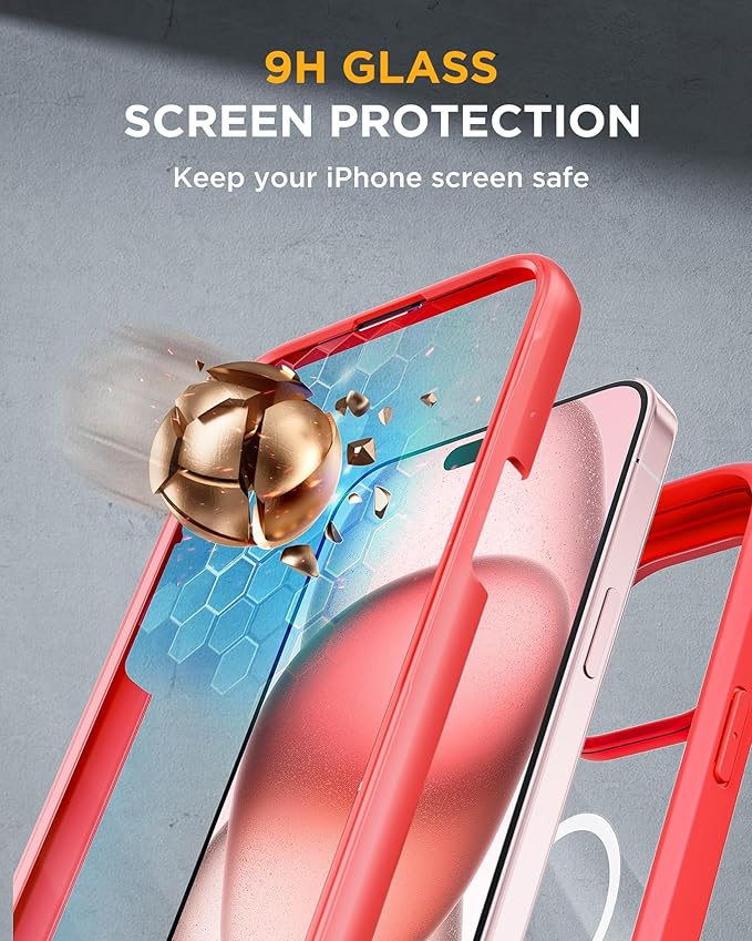 Miracase Glass Series for iPhone 15 Case [Compatible with MagSafe] Full-Body Magnetic Bumper Case with Built-in 9H Tempered Glass Anti-Fingerprint Screen Protector + Camera Lens Protector, Red