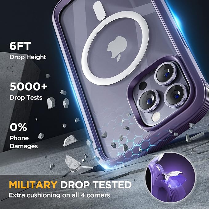 Miracase Magnetic for iPhone 14 Pro Case, [Compatible with MagSafe] [Built-in Tempered Glass Screen Protector] Full-Body Rugged Protective Case with Camera Lens Protector, Magnetic Dark Purple