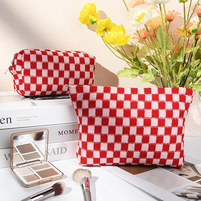 2 Pcs Checkered Makeup Bag Large Cosmetic Bag Toiletry Bag Makeup Pouch Travel Bag Organizer Cute Makeup Brushes Aesthetic Accessories Storage Bag for Women Red