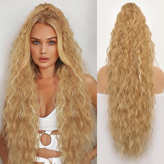 ORSUNCER Ponytail Extension Claw 30" Curly Pony Tail Clip in Claw Hair Extensions Fluffy Natural Looking Synthetic Hairpiece for Women Medium Blonde Highlights