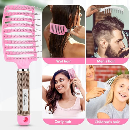 Bsisme Hair Brush, Curved Vented Brush for Faster Blow Drying, Professional Styling Hair Brushes for Women and Men, Paddle Detangling Brush for Wet Dry Curly Thick Straight Hair, Pink