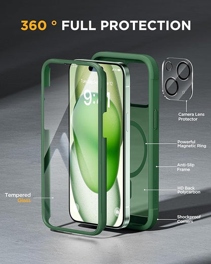 Miracase Glass Series for iPhone 15 Case [Compatible with MagSafe] Full-Body Magnetic Case with Built-in 9H Tempered Glass Anti-Fingerprint Screen Protector + Camera Lens Protector, Matte Green