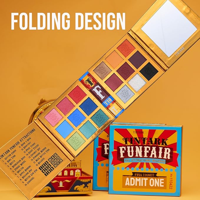 18 Color Funfair Eyeshadow Palette, Carnival Party Eyeshadows, Gold Slivery Black White Yellow Orange Brown Bronzer Red Blue Purple Green Eye Shadow Palettes, Glitter Matte Shimmer
