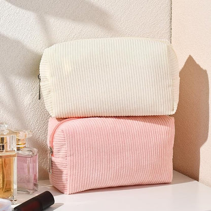 2 Pieces Makeup Bag Corduroy Cosmetic Bag White Pink Makeup Pouch Travel Toiletry Bag Organizer Cute Makeup Brushes Storage Bag for Women