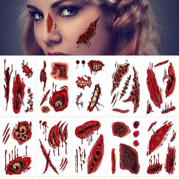 60+PCS 10 Sheets Fake Scars Temporary Tattoos, Horror Realistic Scary Blood Zombie Face Stickers, Halloween Simulation Wounds Stitches Body Makeup, Chucky Cosume Prank Cosplay Kids Men Women Adults A