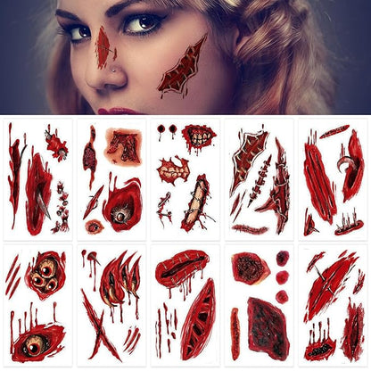 60+PCS 10 Sheets Fake Scars Temporary Tattoos, Horror Realistic Scary Blood Zombie Face Stickers, Halloween Simulation Wounds Stitches Body Makeup, Chucky Cosume Prank Cosplay Kids Men Women Adults A