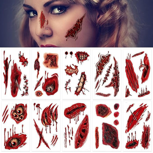 60+PCS 10 Sheets Fake Scars Temporary Tattoos, Horror Realistic Scary Blood Zombie Face Stickers, Halloween Simulation Wounds Stitches Body Makeup, Chucky Cosume Prank Cosplay Kids Men Women Adults A