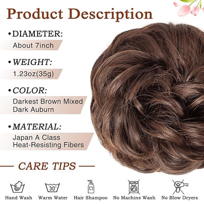 MORICA 1PCS Messy Hair Bun Hair Scrunchies Extension Curly Wavy Messy Bun Synthetic Chignon Hairpieces for Women (4/30#(Dark Brown & Light Auburn Mixed))