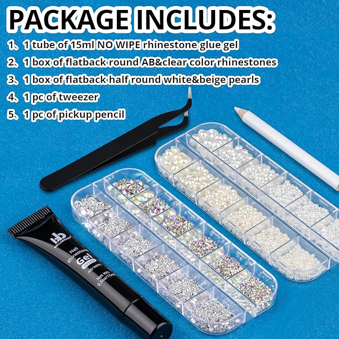 Nail Art Rhinestone Glue Gel&2 Boxes Flatback Gems Kit, 1 Tube of 15ml Rhinestone Gel Glue+Round AB&Clear Gems+Flat-Back Half Round White&Beige Pearls with Pickup Tools