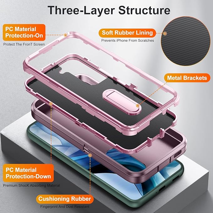 for Samsung Galaxy S22 Plus Case with Kickstand Case 3-Layer Military Grade Protective Case Cover Silicone Rugged Shockproof for Galaxy S22+ Plus Phone Case Purple+Pink