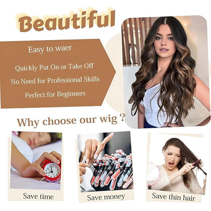 26 inch Lace Hairline Brown Mixed Highlight Wigs for Women, Middle Part Long Curly Wig Heat Resistant Synthetic Hair Looking Natural, Fiber Wig for Daily Party Use