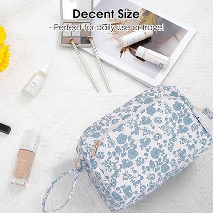 Narwey Cute Floral Makeup Bag Wide-open Make up Bag Travel Cosmetic Organizer Toiletry Bag for Cosmetics Toiletries Accessories (Little Blue Flower)