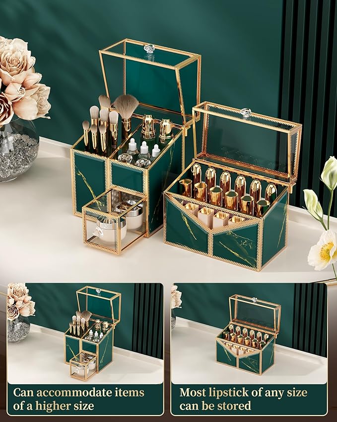 Makeup Organizer Countertop Set – Vanity Holder with 18-Slot Lipstick Organizer & Covered Makeup Brush Holder – Skincare, Perfume & Cosmetic Display for Bathroom or Dresser