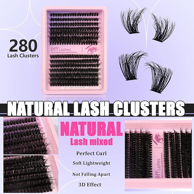 280 Pcs Lash Clusters Extension Kit 80D+60D Cat Eye Lashes Clusters Kit 9-18mm Fluffy Wispy Cluster Eyelash Extensions Kit D Curl Eyelash Clusters Individual Lashes DIY Lash Makeup at Home
