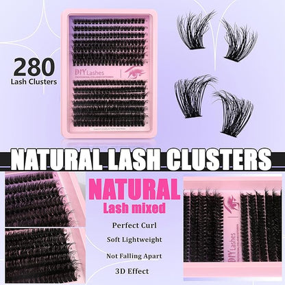 280 Pcs Lash Clusters Extension Kit 80D+60D Cat Eye Lashes Clusters Kit 9-18mm Fluffy Wispy Cluster Eyelash Extensions Kit D Curl Eyelash Clusters Individual Lashes DIY Lash Makeup at Home