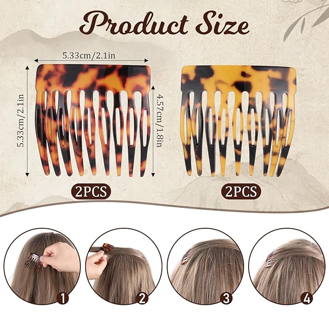 4 Pcs French Side Combs for Hair Small French Twist Decorative Hair Combs Clips Women Bun Strong Hold Clips Hair Styling Accessories for Women(Tortoise, Brown)