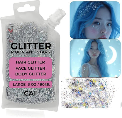 Hair Glitter Gel; Body Glitter & Face Glitter for Women/Kids (Large 3 Oz Silver) Moon & Stars; Iridescent Holograph Cosmetic Grade- Apply Without Glue, Easy to Take Off Keeps Skin Clean