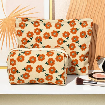 2 Pieces Flower Makeup Bag Large Corduroy Cosmetic Bag Capacity Canvas Mix Travel Toiletry Bag Organizer Cute Makeup Brushes Aesthetic Accessories Storage Bag for Women, Flower Mix Orange