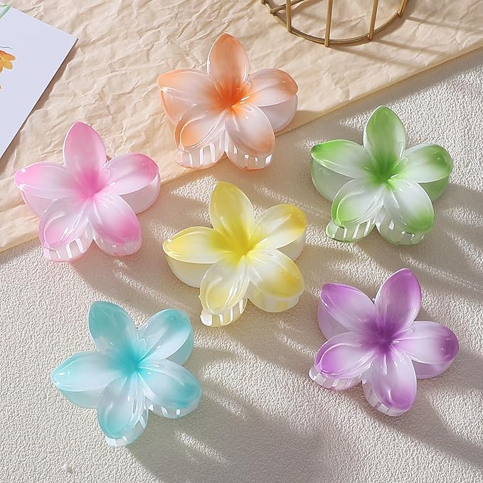 Hawaiian Plumeria Hair Accessories - 6 Pack Large Claw Clips for Thick and Thin Hair, Beach Tropical Hair Clips for Women and Girls