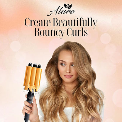 Alure Three Barrel Curling Iron Wand Hair Waver with LCD Temperature Display - 1 Inch Ceramic Tourmaline Triple Barrels, Dual Voltage Crimp (zGold)