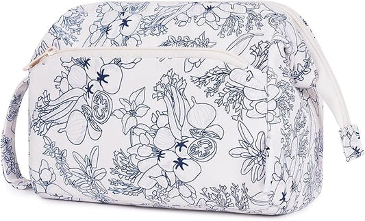 Narwey Women Makeup Bag Wide-open Make up Bag Travel Cosmetic Organizer Toiletry Bag for Cosmetics Toiletries Accessories (Navy Blue Flower)