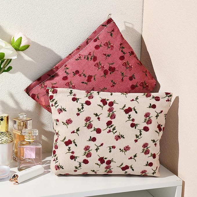 2 Pieces Rose Makeup Bag Large Corduroy Cosmetic Bag Capacity Canvas Travel Toiletry Bag Organizer Cute Makeup Brushes Aesthetic Accessories Storage Bag for Women, Rose L White Pink