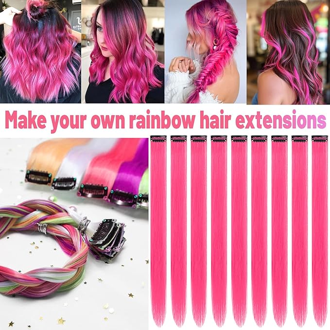 22 inch Colored Hair Extensions Straight Hairpiece, Colorful Party Highlights Clip in Long Synthetic Hair Extensions for Women Kids Girls Favor Gift(10 PCS Hot Pink)
