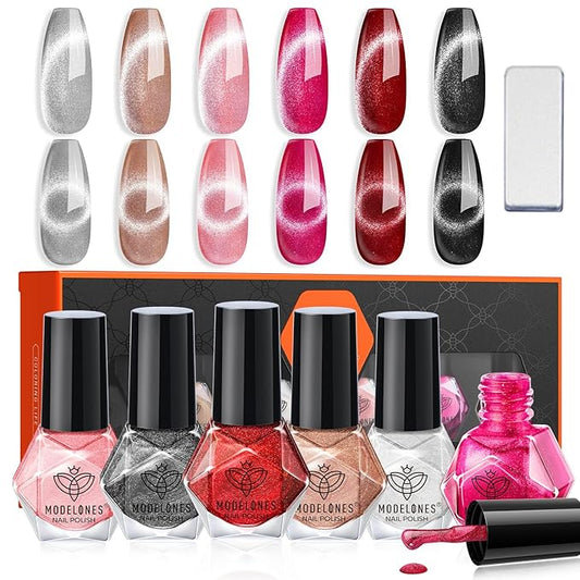modelones Nail Polish Set, 6 Colors Cat Eye Silver Black Shimmer Glitter with Magnet Quick Dry Nail Polish Set Bulk Manicure Diy Nail Art Salon Home Gift for Women Girl