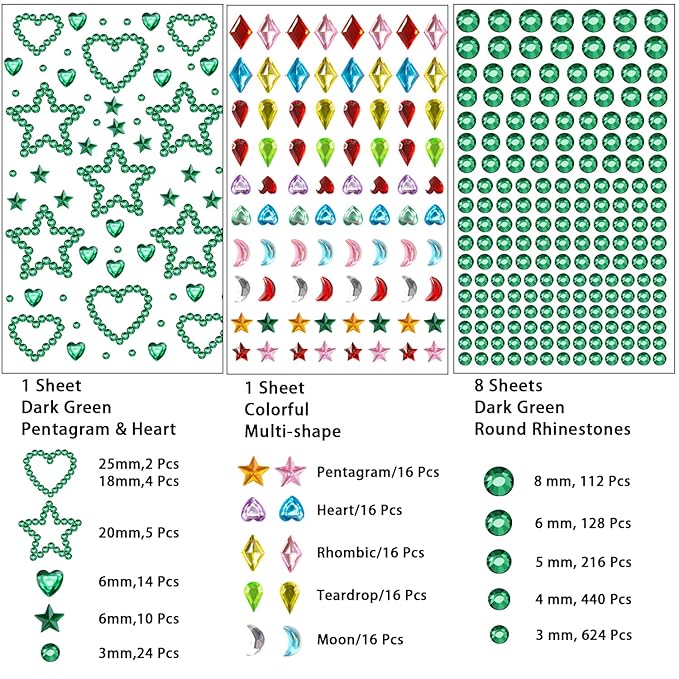 NIACONN 1760 Pcs Deep Green Hair Jewels Face Gems Stick on, Self Adhesive Glitter Rhinestones Stickers for Women Body Eyes Nails Festival Halloween Makeup & Crafts