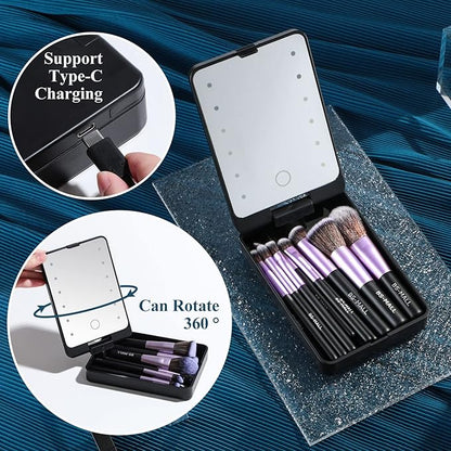BS-MALL Travel Makeup Brush Set Foundation Powder Concealers Eye Shadows Makeup Set with LED light Mirror 14 Pcs (Purple)