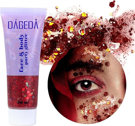DAGEDA Body Glitter Gel, Face Glitters Body Gel Sequins Shimmer Liquid Eyeshadow, Chunky Glitter for Face Hair Nails, Holographic Cosmetic Laser Powder Festival Glitter Makeup 50ml(Red)