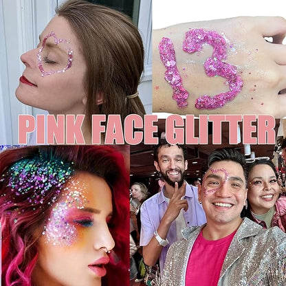 Pink Face Glitter Gel,Singer Concerts Music Festival Rave Accessories,Lover Heart Body Glitter Gel,Halloween Sequins Face Glitter Paint Makeup,Sparkling Hair Chunky Glitter for Women,50ML