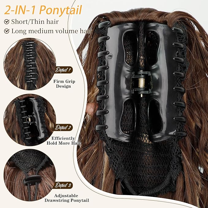 ORSUNCER Ponytail Extension 30" Curly Pony Tail Clip in hair extensions Fluffy Natural Looking Synthetic Hairpieces for Women Light Brown with Blonde