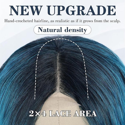 NAYOO Long Ombre Bluish Green Wavy Wig for Women 26 Inch Middle Part Lace Hairline Curly Wavy Wig Natural Looking Synthetic Heat Resistant Fiber Wig for Daily Party Use