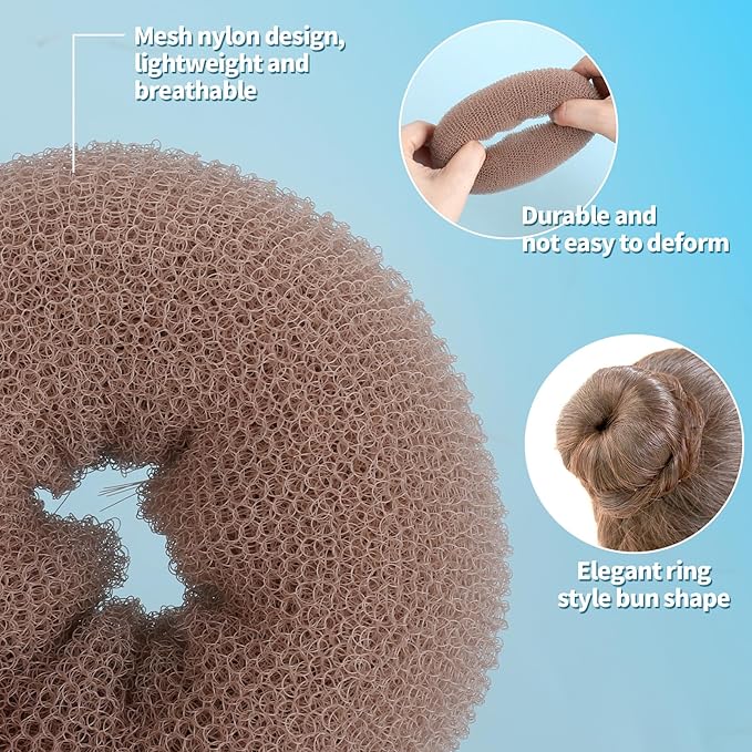 FANDAMEI Hair Donut Bun Maker Kit - 4 Hair Bun Maker, 20 Invisible Hair Nets for Buns, 5 Elastics, 20 Bobby Pins, Bun Nets for Ballet girls,Hair Donuts for Buns - Tan Brown